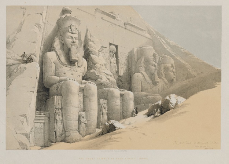 Historic illustrated view of the Great Temple at Abu Simbel in Nubia.